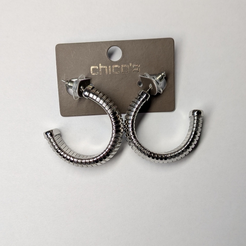 Chico's Silver Ribbed Hoop Earrings